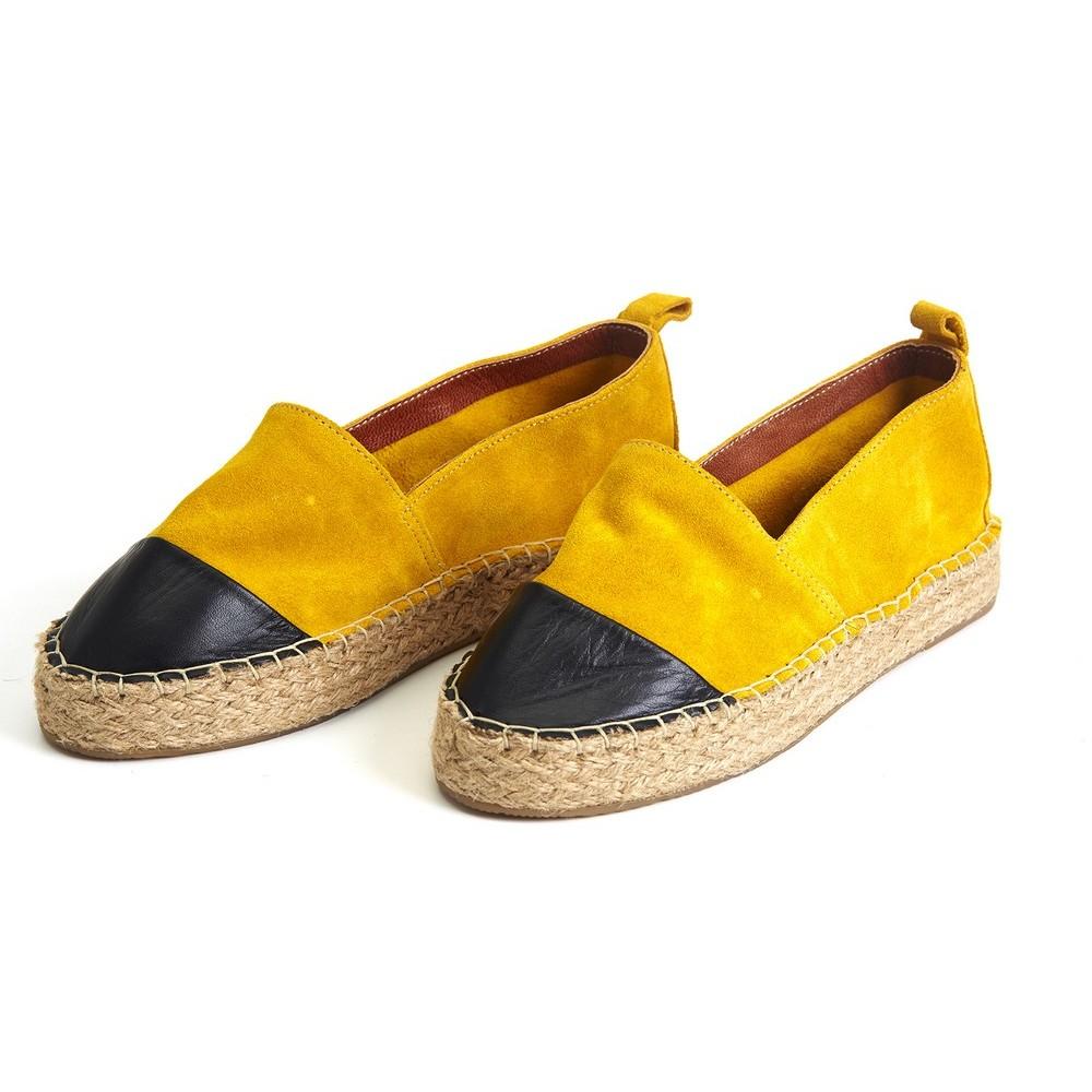 Yellow And Black Leather Espadrille Shoes San508