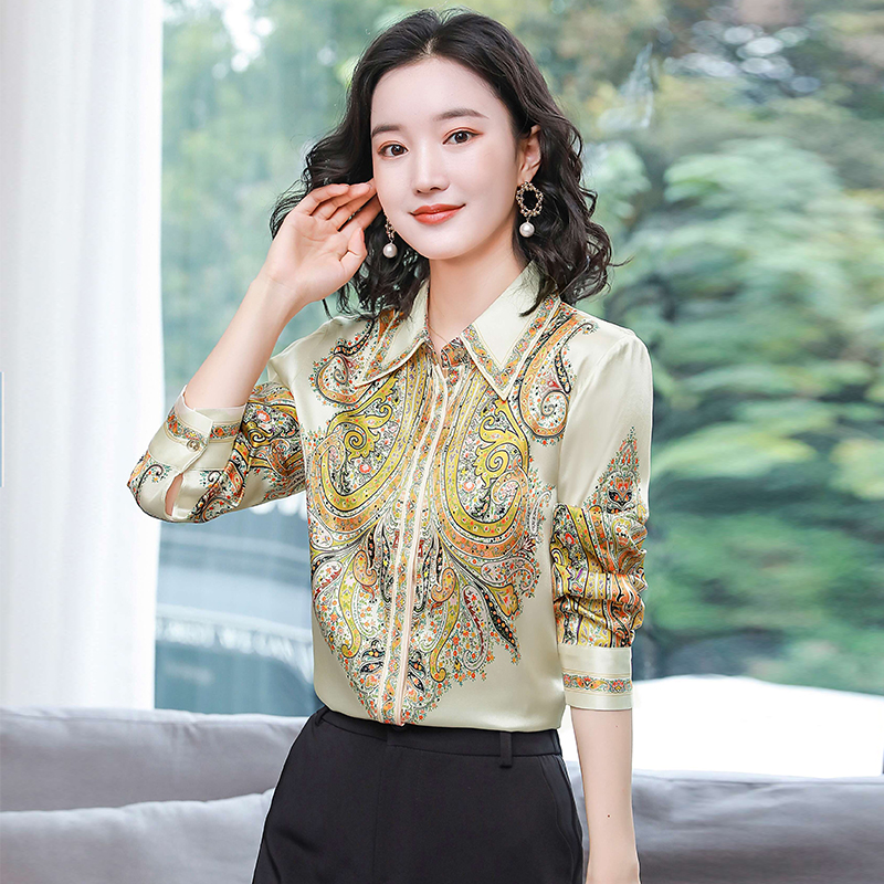 TingYiLi Retro Floral Print Women Satin Shirts Korean Style Elegant Office Ladies Tops Spring Autumn Long Sleeve Blouse 2XL 3XL alx