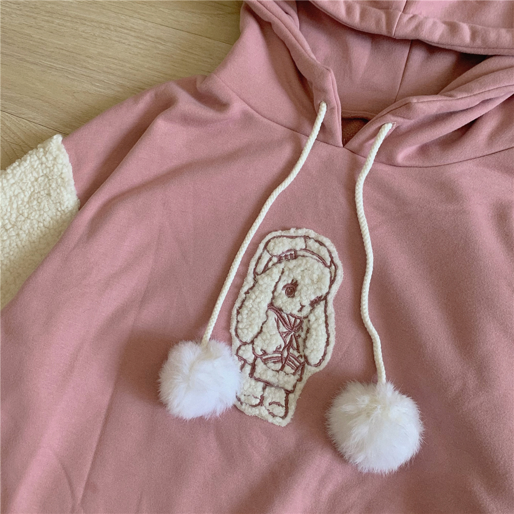 Autumn Kawaii Lolita Women Hooded Sweatshirt Solid Lamb Embroidery Patchwork Fleece Long Sleeve Hoodies Pullover Velvet Moletom alx