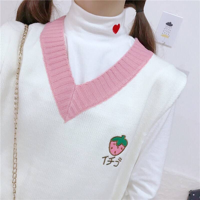 Sweater Vest Women Kawaii Fruit Embroidery Sweet Pink Students Preppy Style Patchwork Ulzzang Korean Style Tops Sweater JK Retro alx