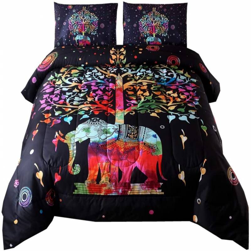 Bohemian Mandala Exotic Multi Elephant Pattern with Tree Boho Quilt Bed Set #H