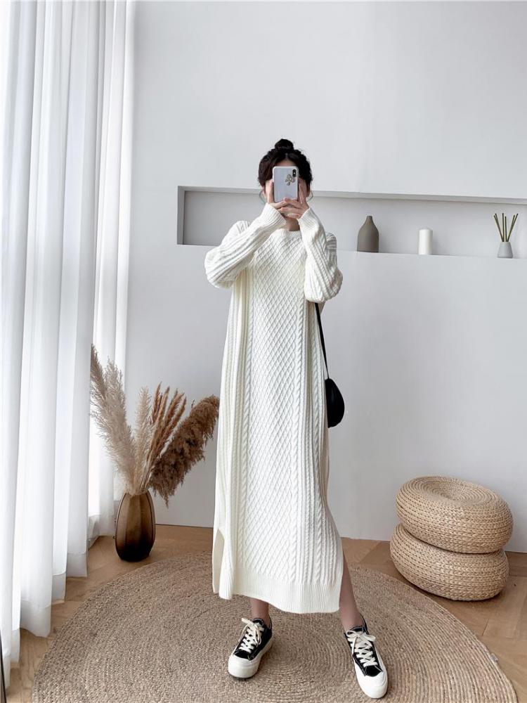 Black White Sweater Dress For Women Autumn Winter Loose Vintage Knit Casual Dresses Ladies Simple Style Vestidos Robe Femme alx