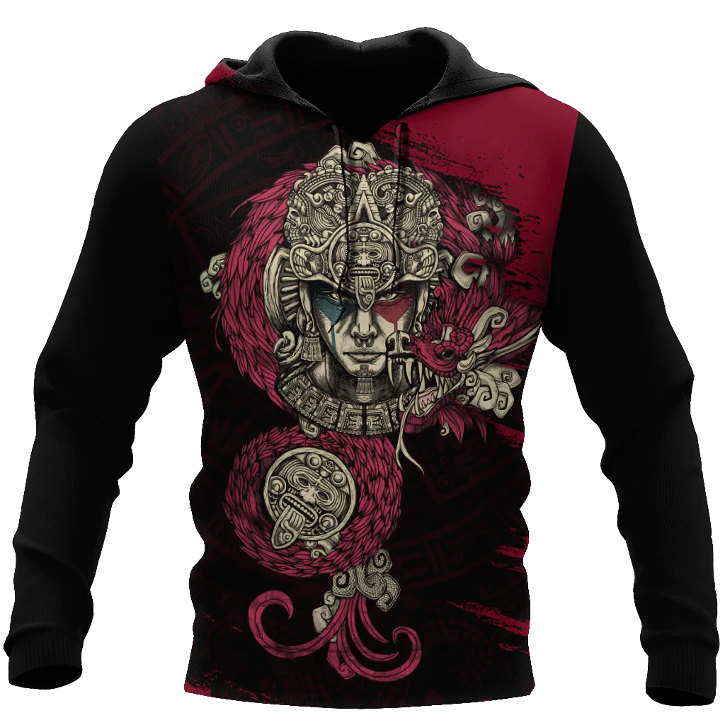 Coolspod Red Aztec Warriors Hoodie, 3D Hoodie With Aztec Man, Mexican Hoodies