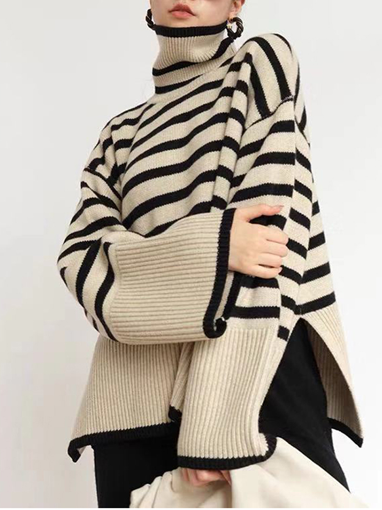 Striped Sweater Women Turtleneck Pullover Ladies Autumn Winter Warm Jumper Female Long Sleeve Top Loose Knitwear Pull Femme alx