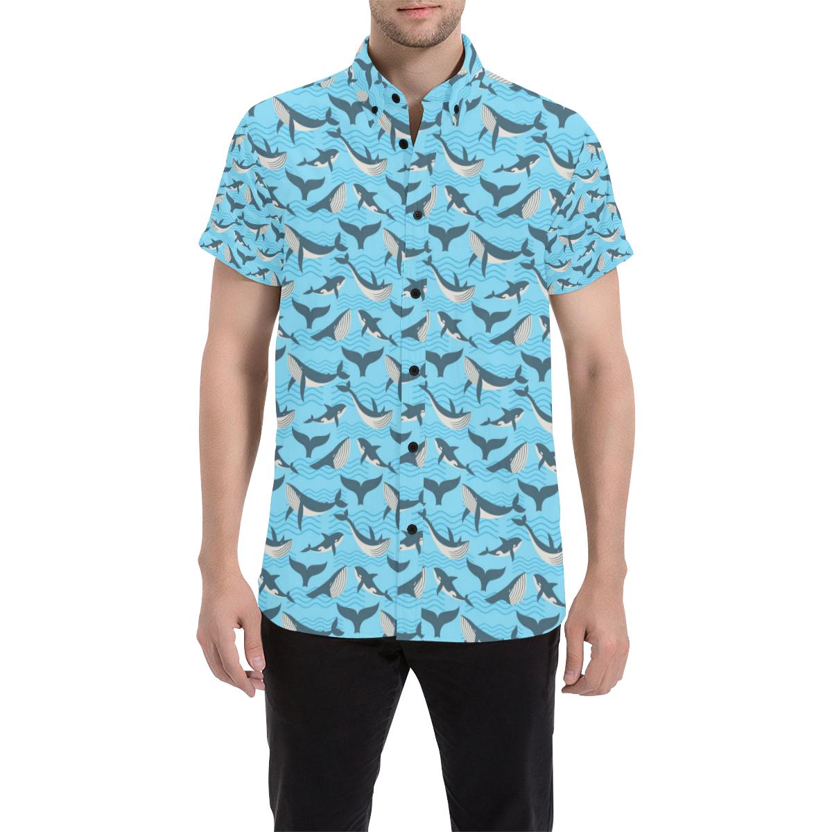 Whale Pattern Design Themed Print Men Button Up Shirt