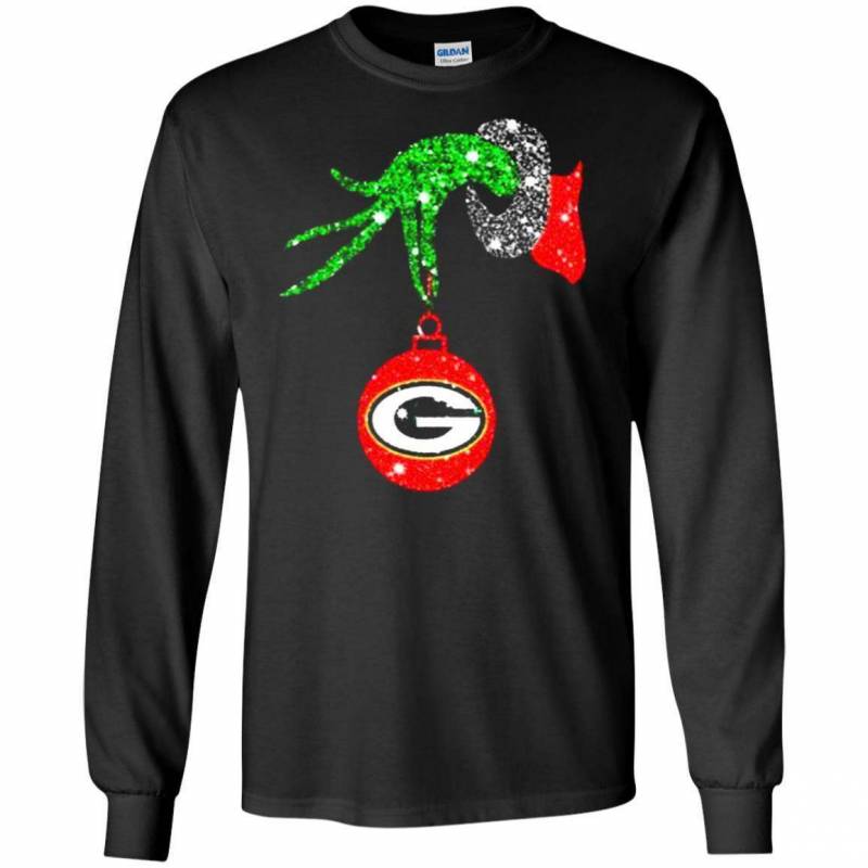 Grinch Hand Ornament Green Bay Packers Glitter Christmas Long Sleeve Tee