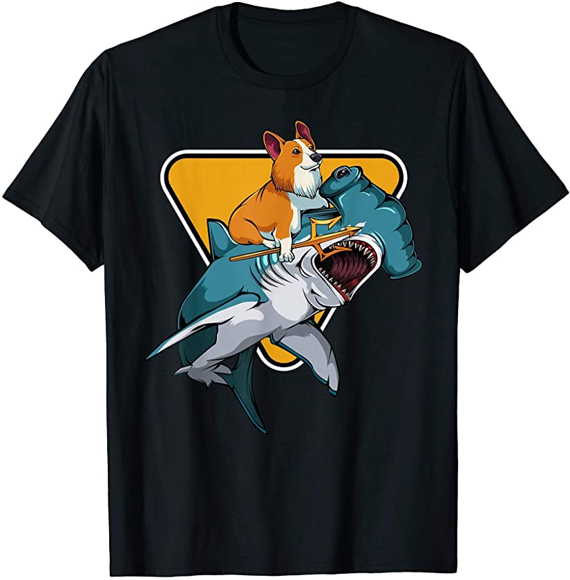 Corgi Riding A Hammerhead Shark Dogs Puppies Owner Gift Tee T-Shirt