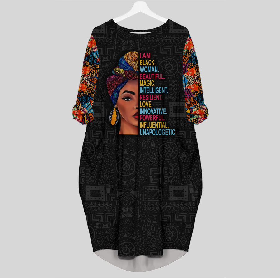 African Gift Juneteenth Black Pride I Am Black Woman Batwing Pocket Dress 3D Hg