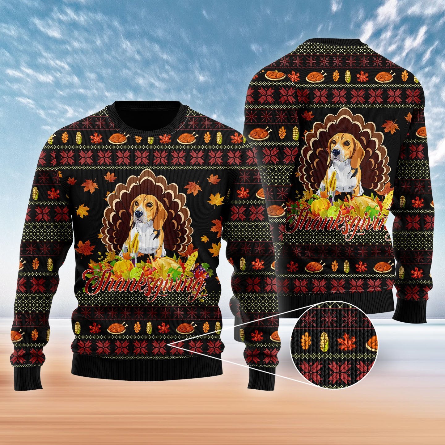 Happy Thanksgiving Funny Beagle Dog Ugly Christmas Sweater | For Men & Women | Adult | Uh1117