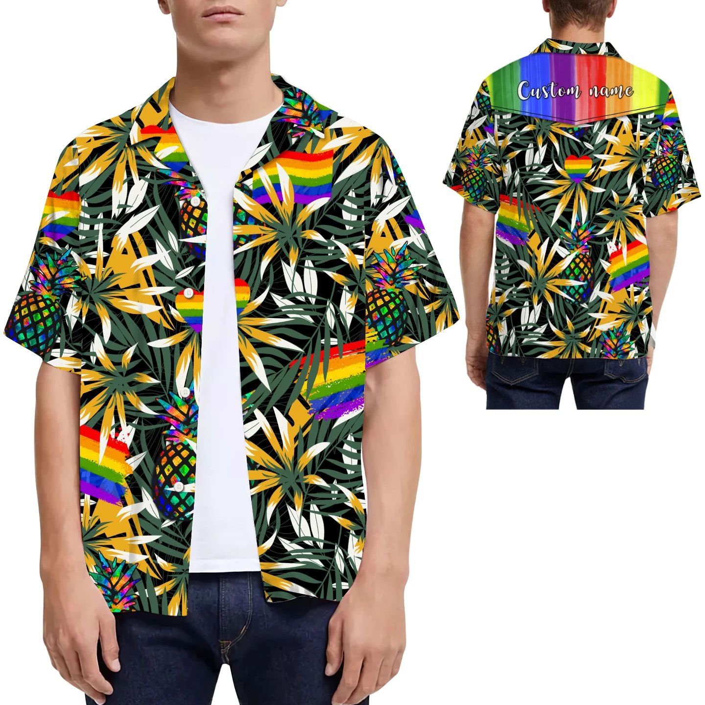 Rainbow Pineapples Tropical Leaves Custom Name Men Hawaii Shirt For Lgbt Community Ha24227