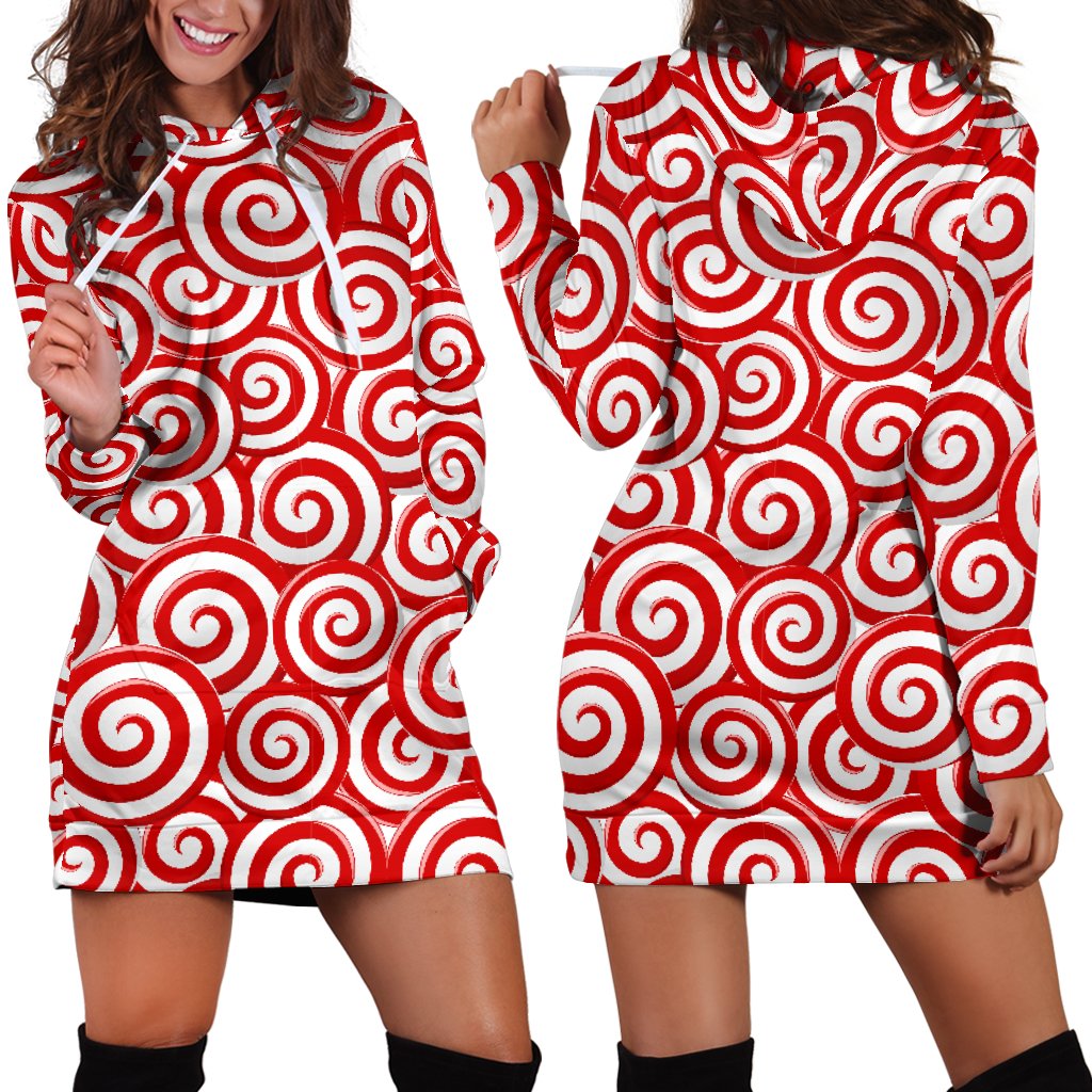 Red and White Candy Spiral Lollipops Pattern Women Hoodie Dress