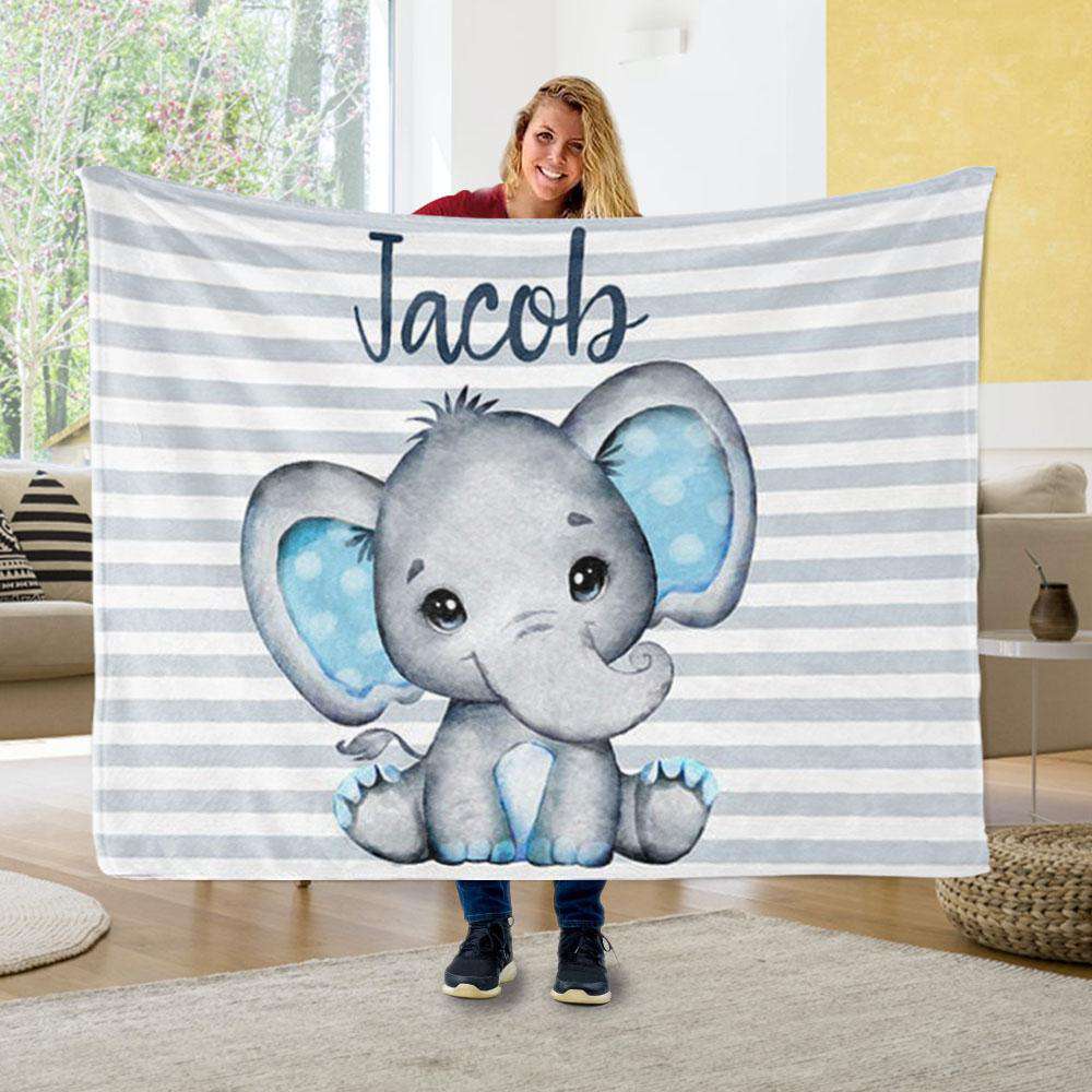 Personalized Baby Blankets With Name, Elephant Baby Blanket, Blue Color For Boy And Girl Baby