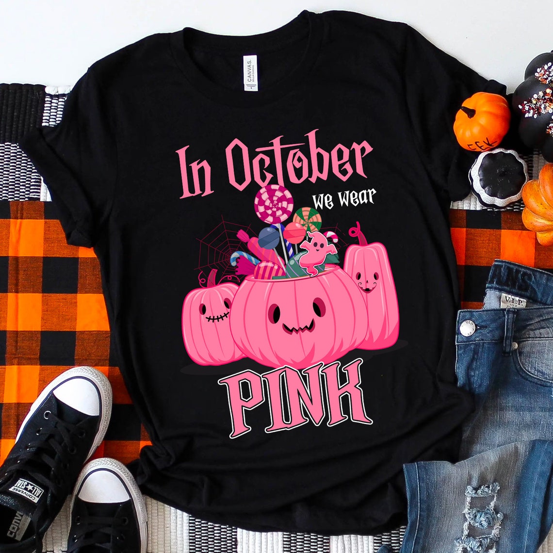 Classic Unisex T-Shirt For Breast Cancer Awareness In October We Wear Pink Cute Pumpkin With Ghost & Candy Printed