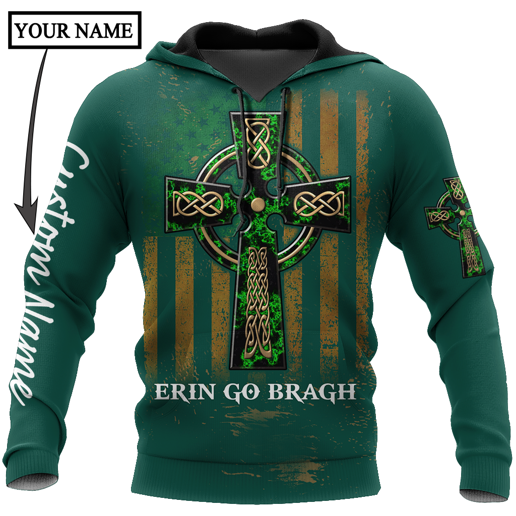 Custom Name Celtic Cross Flag American Erin Go Bragh Shirt, Personalized St Patrick’S Day 3D Shirt