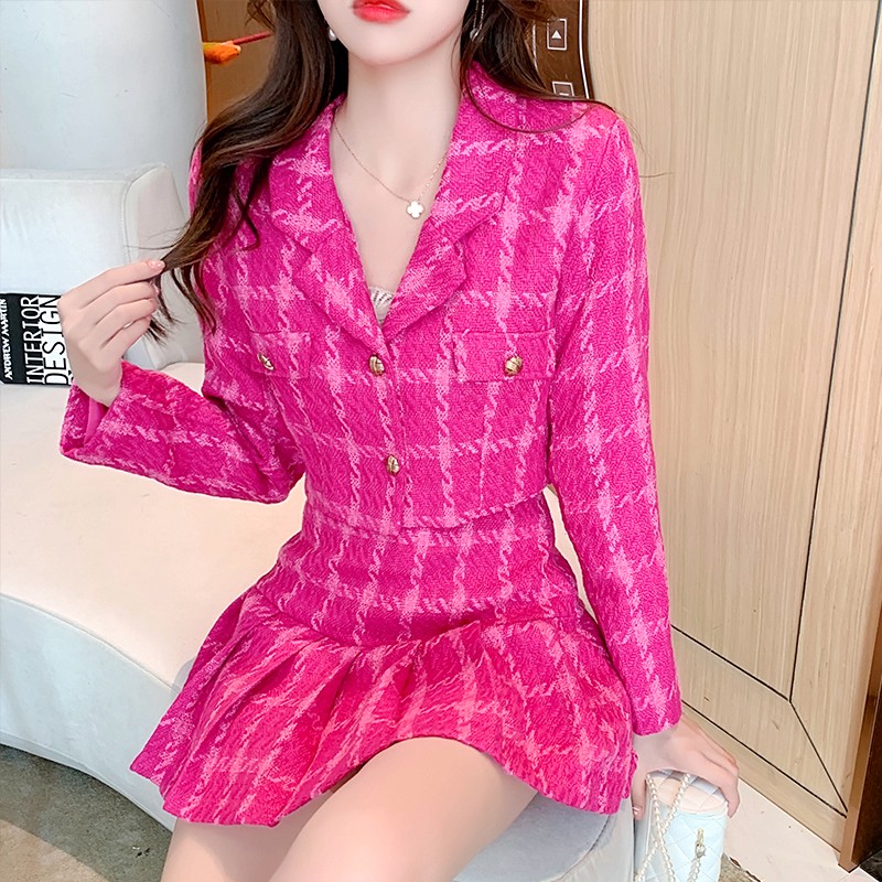 Sweet Ladies Plaid Tweed Short Cropped Jacket Two Piece Set Autumn Women Notched Collar Coat +High Waist Pleated Mini Skirt Suit alx