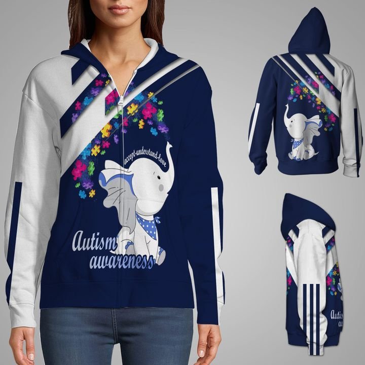 Accept Understand Love Little Elephant Puzzles 3D Zip Up Hoodie Shirt For Autistic People