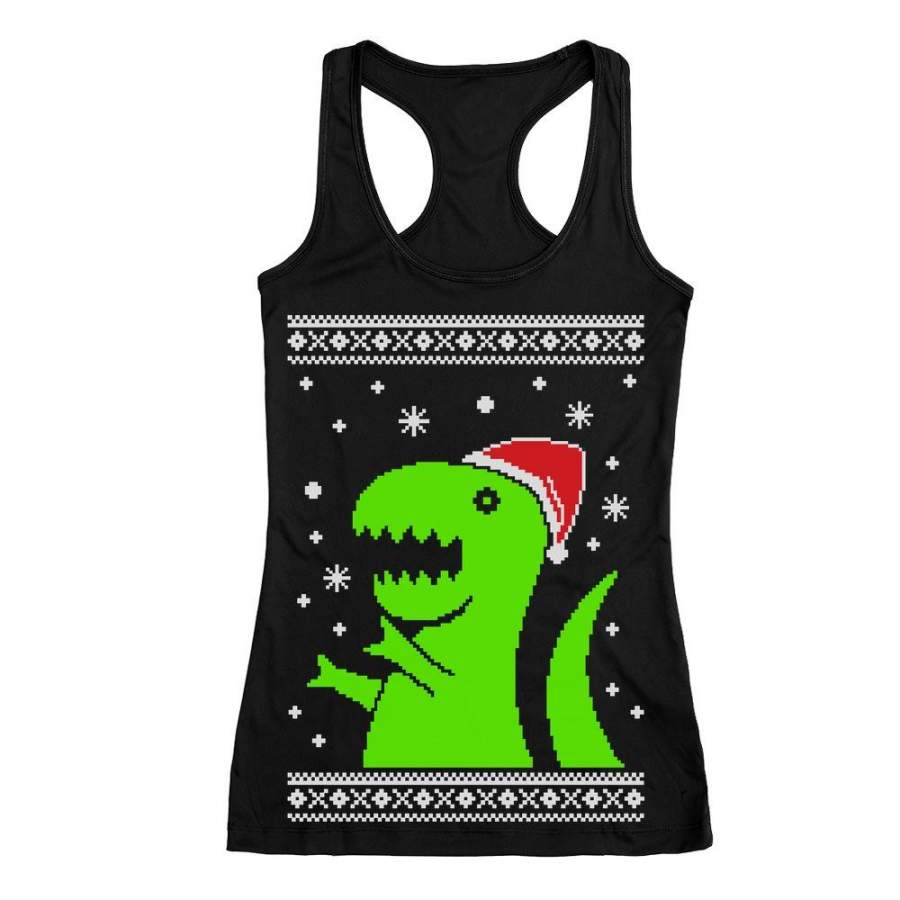 Big Green Trex Santa Ugly Christmas Sweater Funny Xmas Racerback Tank Top