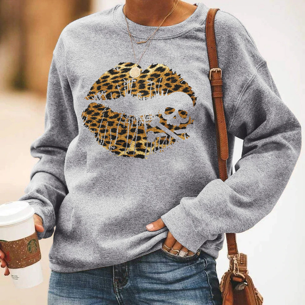 Skull Lips Leopard Print Sweatshirt