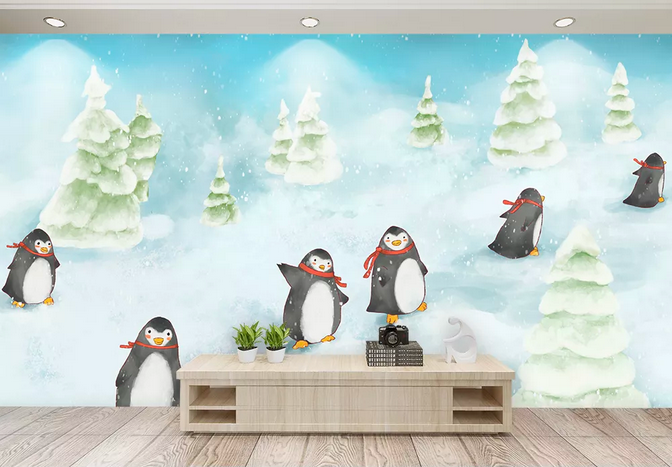 3D Penguin Pine Snow Wall Mural Wallpaper 373