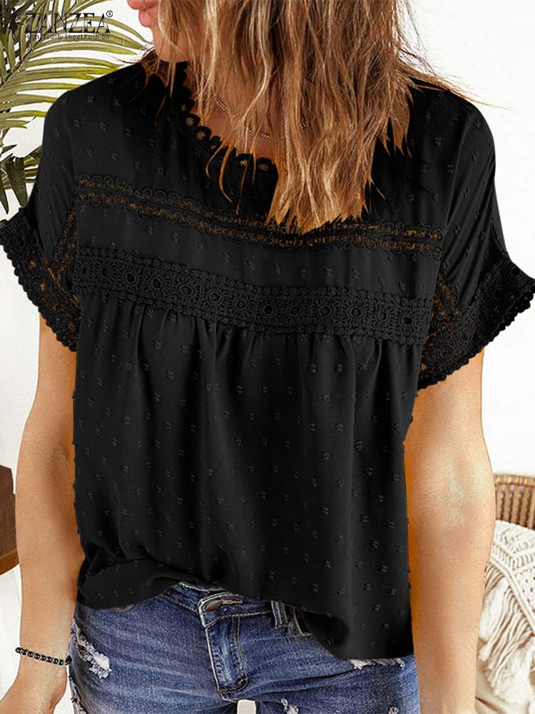 ZANZEA Women Summer O Neck Short Sleeve Tops Tunic Fashion Floral Shirt Elegant Lace Crochet Blouse Casual Work Blusas Chemise alx