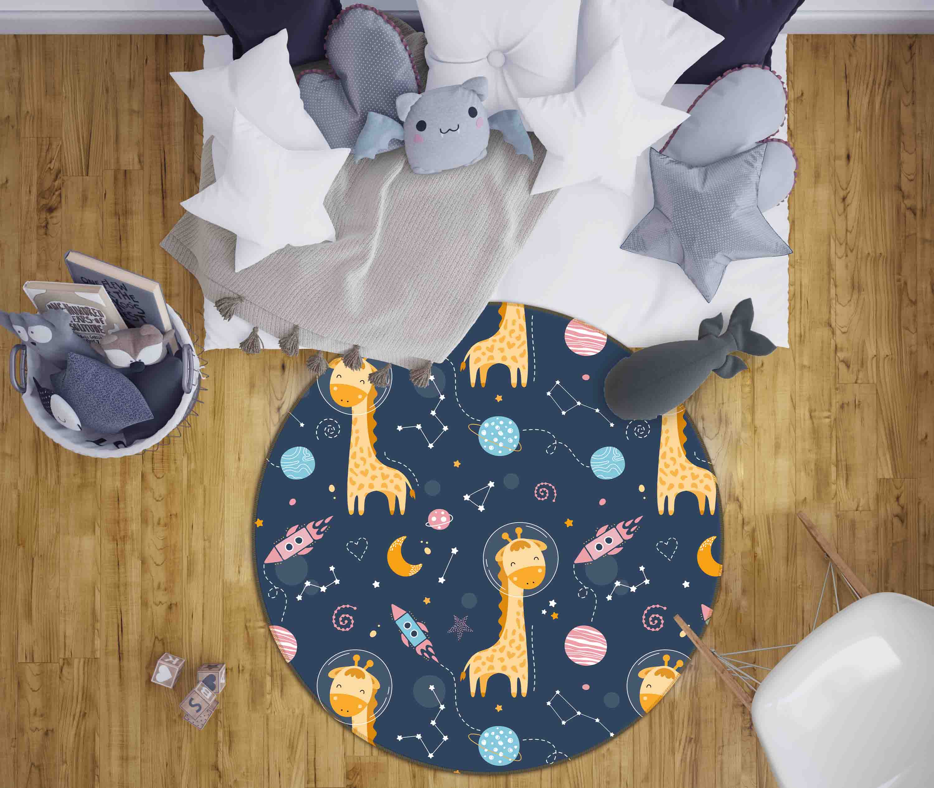 3D Cartoon Animal Giraffe Space Rocket Kids Non-Slip Round Rug Mat 122