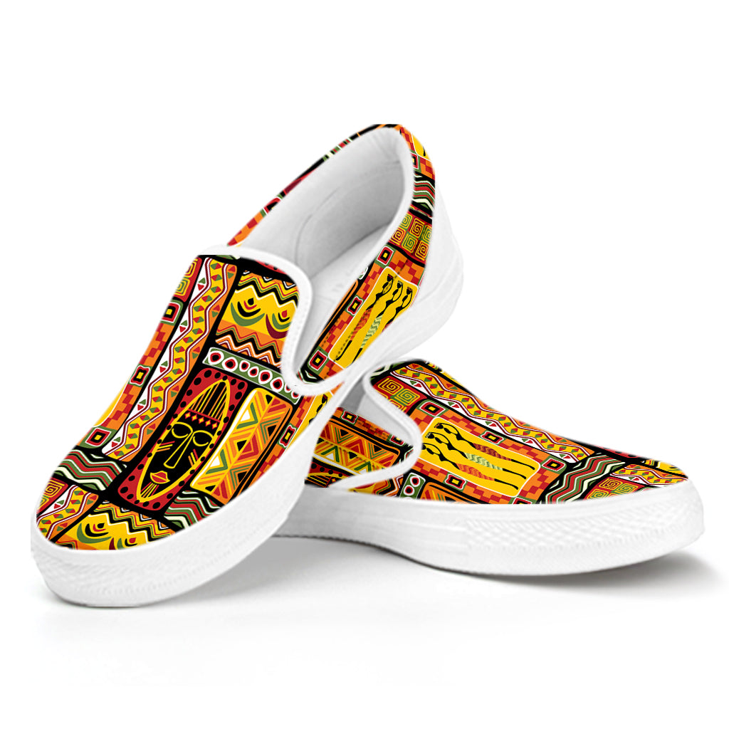 Sunset Ethnic African Tribal Print White Slip On Shoes