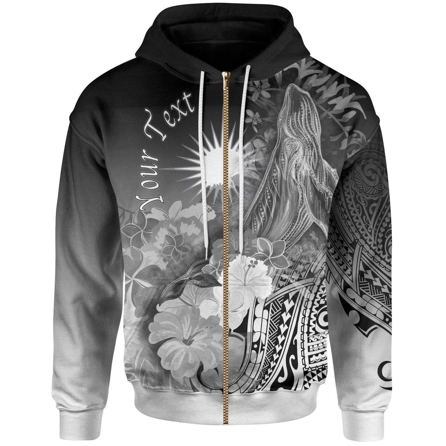 Marshall Islands Personalised Zip-Up Hoodie – Humpback Whale with Tropical Flowers (White)- Pacific Print Hoodie