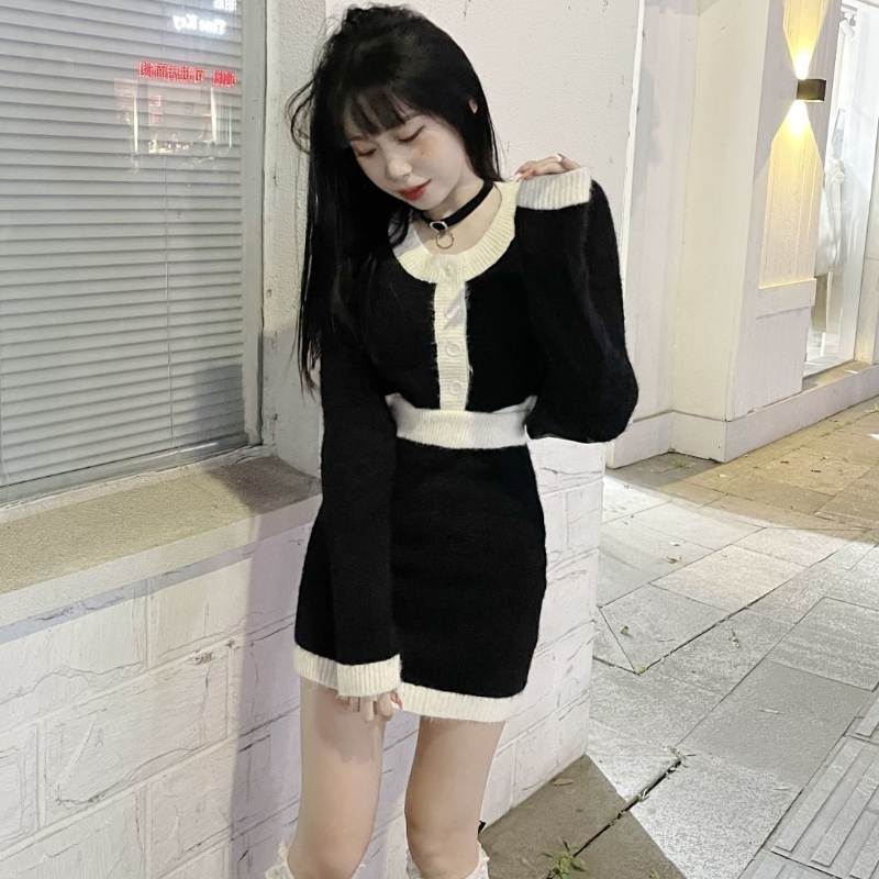 Cardigan Sets Women Panelled Design Crop Sexy Sweet Skirts Sweater Ulzzang All-match Simple Retro Fashion Autumn Casual Ladies alx