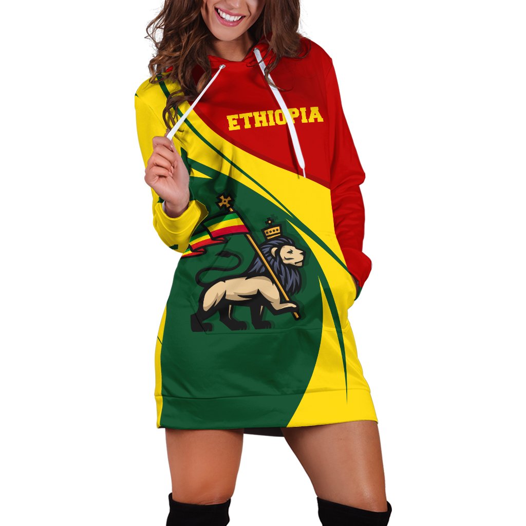 1stTheWorld Ethiopia Hoodie Dress, Ethiopia Flag Lion Rastafari A10