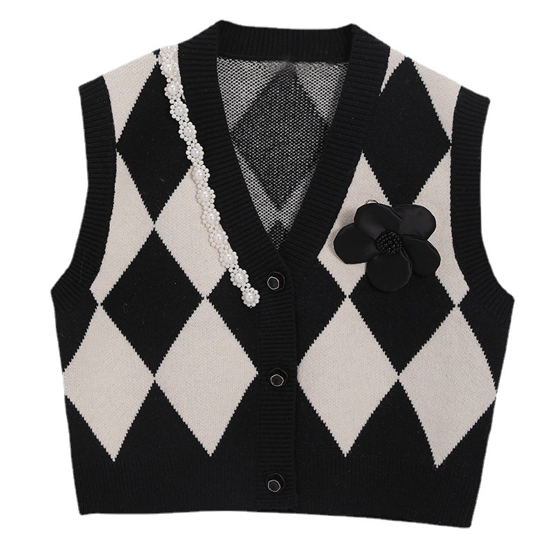 Vintage Beading Knitted Vest Women Autumn V-neck Sleeveless Grandpa Sweater Coat All-match Retro Classic Argyle Casual Cardigan alx