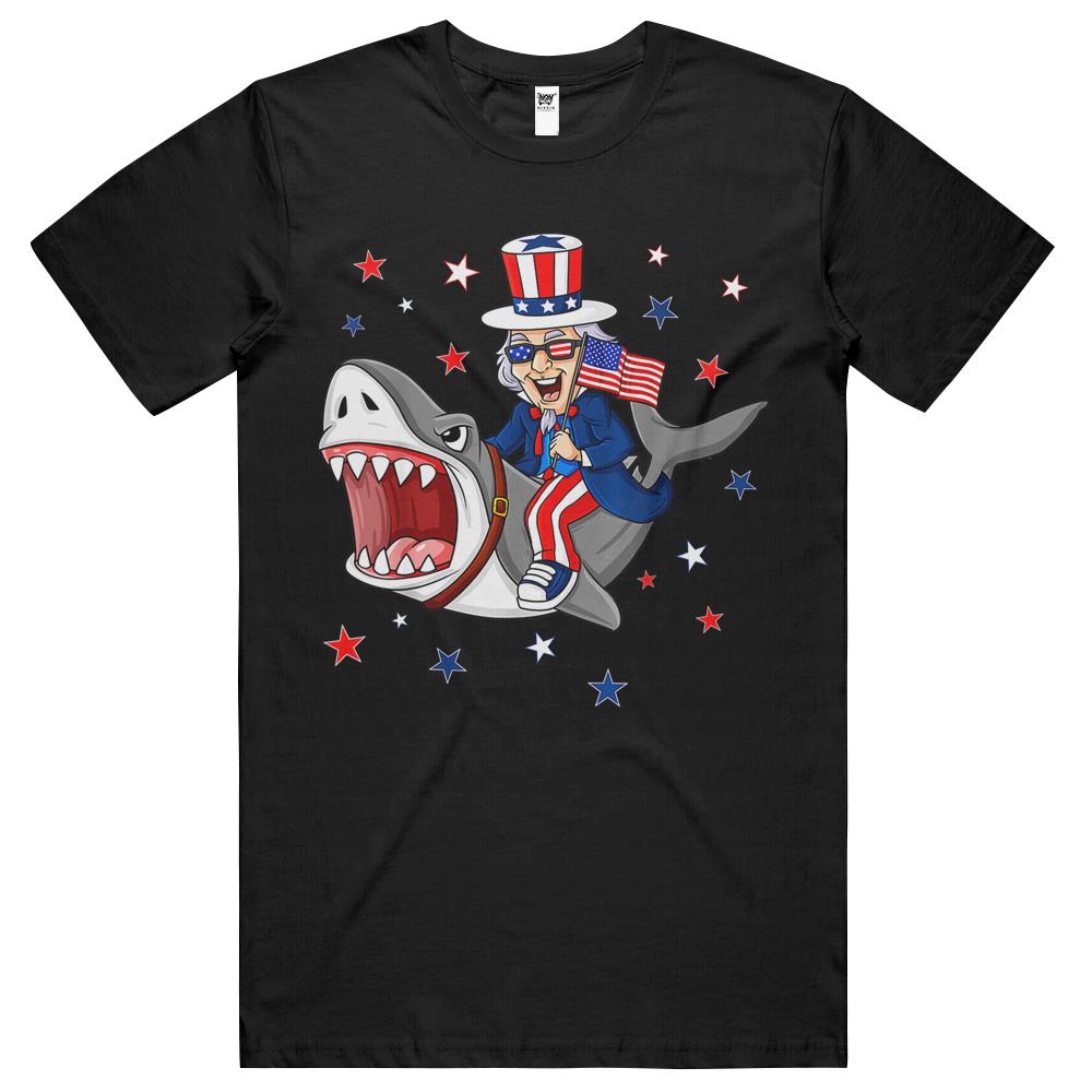 4Th July Shirts, Fourth Of July Tshirts, Patriotic Shirt Womens Men, Uncle Sam Riding Shark 4Th Of July Patriotic Boys Funny T Shirts