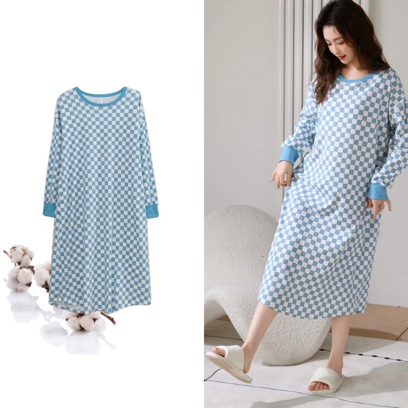 Spring New Pure Cotton Long Sleeved Night Dress Women Nightgowns Plaid Sleepshirts Ladies Nightgowns Fashion Homewear Nightdress alx