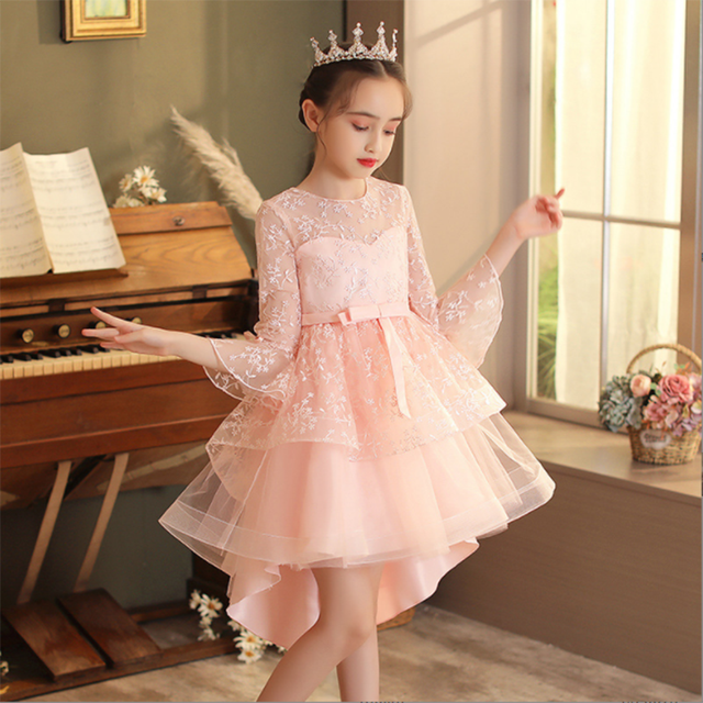 Autumn New Style Long-Sleeved Children’s Princess Dress Wedding Flower Girl Piano Performance Trailing Wedding Dress Girl Dress alx