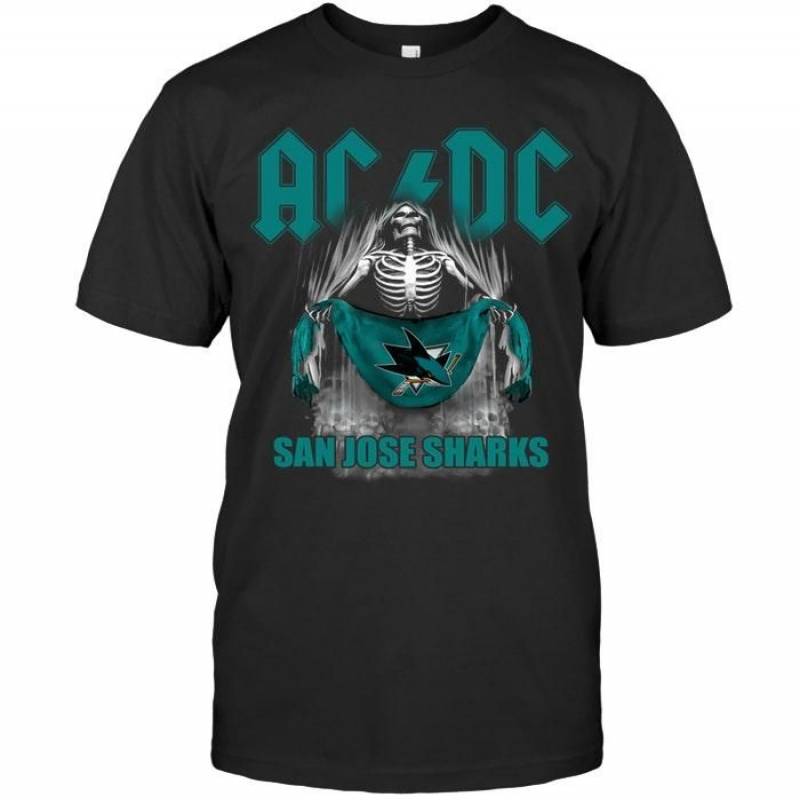 Ac dc skeleton holds San Jose Sharks flag t shirt – gearpenguin.com