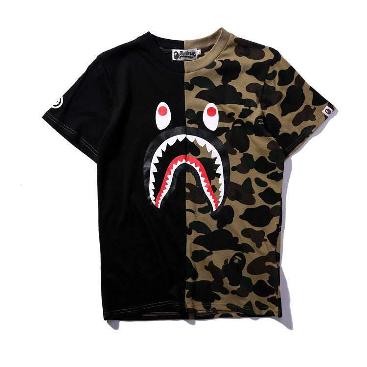 Bape Camo Shark T Shirt Bape Black Green And Blue Purple Color Matching Cotton Tee 1020