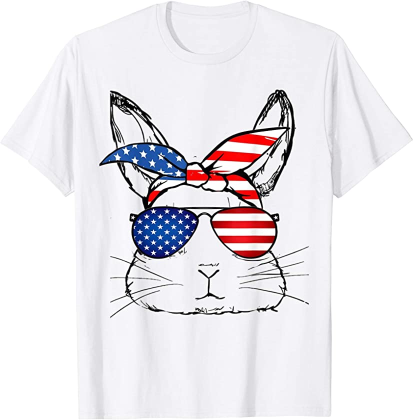 Cute Leopard Bunny Rabbit US America Flag Glasses 4th Day T-Shirt