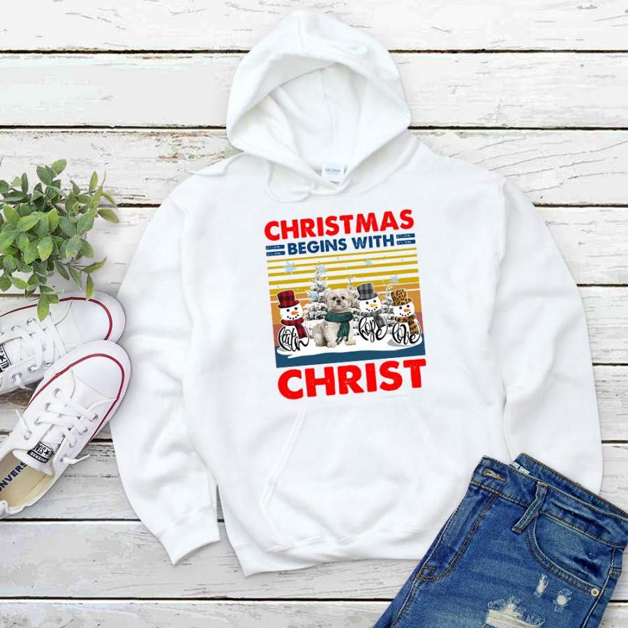 Cute shih tzu christmas begins with christ leopard plaid hat winter season retro vintage sunset dog lover winter season white hoodie for men and women S-5XL