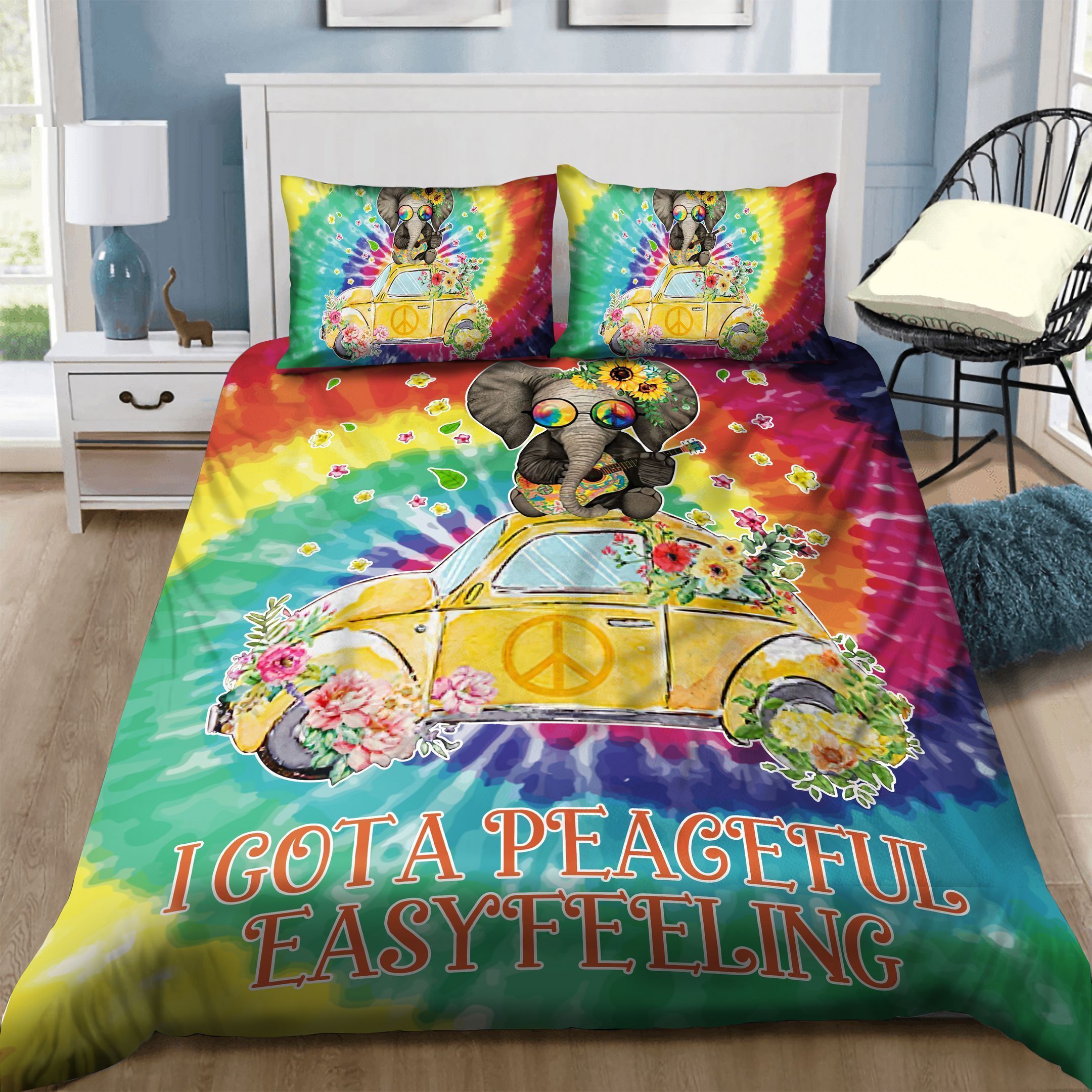 3D Hippie Elephant I Got A Peaceful Easy Feeling Cotton Bed Sheets Spread Comforter Duvet Cover Bedding Sets