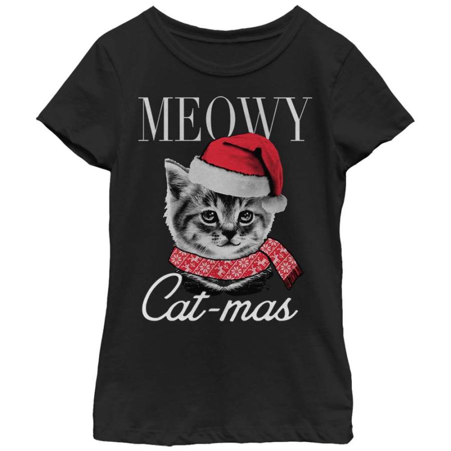 Lost Gods Girl’s Christmas Cat Meowy Catmas  T Shirt Black XS