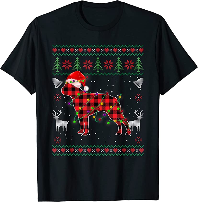 Boston Terrier Santa Red Plaid Ugly Christmas Sweater Pajama T-Shirt