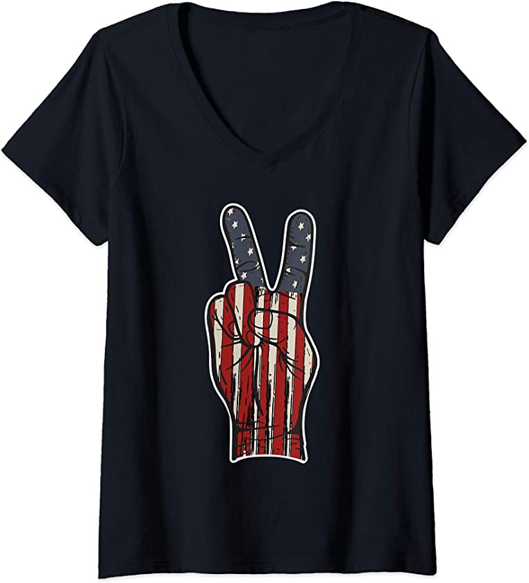 Womens 4th of July American Flag Peace Sign Hand US Vintage Fourth V-Neck T-Shirt