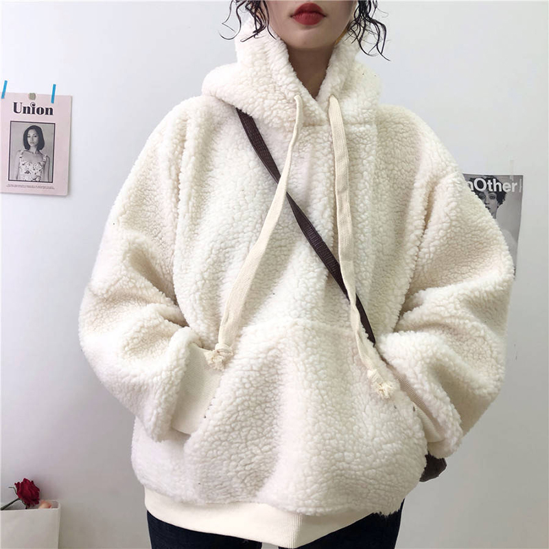 Winter Loose Long-sleeved Lamb Plush Warm Ladies Pullover Plus Velvet Thickening Casual Loose Lantern Sleeve Women’s Hoodie alx