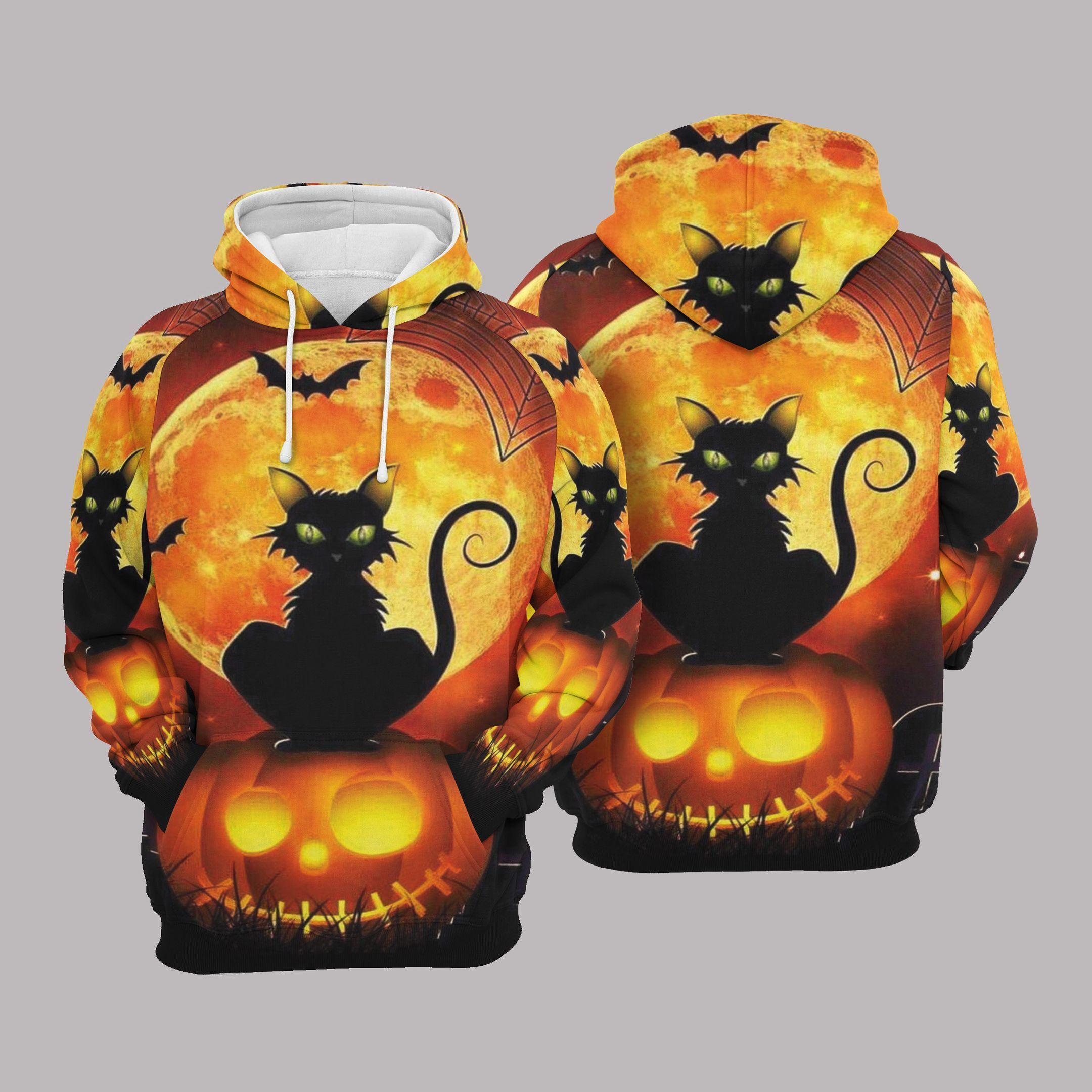 Black Cat Sit On Pumpkin 3D All Over Print Hoodies, Premium Hoodie For Halloween 2022