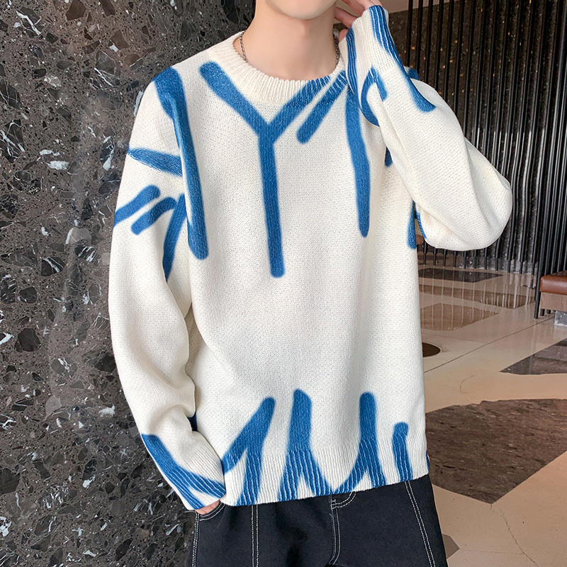 Sweater Men Streetwear Retro Abstract Pattern Hip Hop pullovers Autumn New Pull Over O-neck Oversize Blue Casual Men’s Sweaters alx