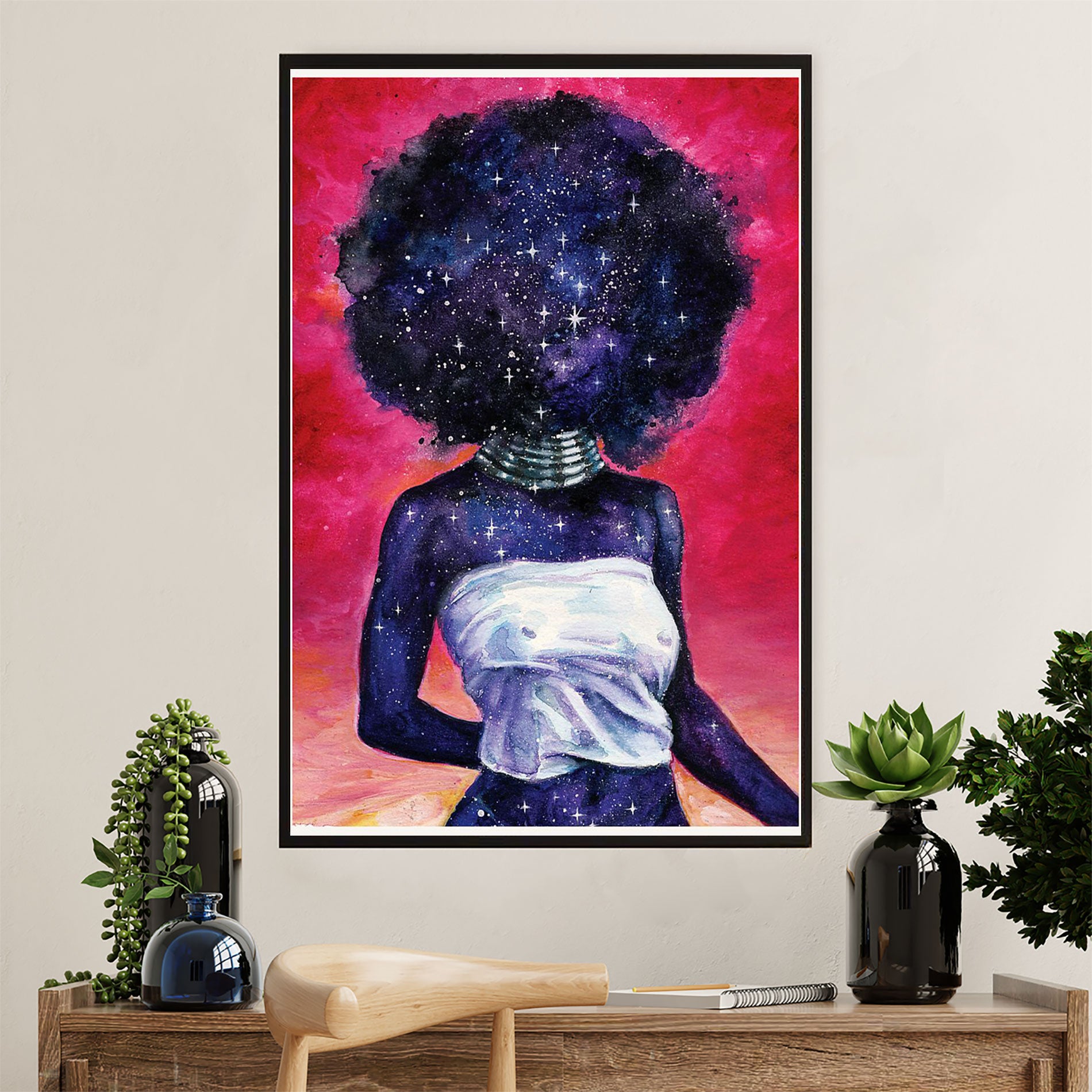 African American Afro Poster Prints | Black Girl Painting Stars | Wall Art Gift For Black Girl