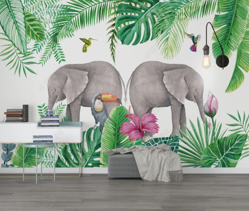 3D Tropical Green Leaf Animal Elephant Wall Mural Wallpaper Lqh 459