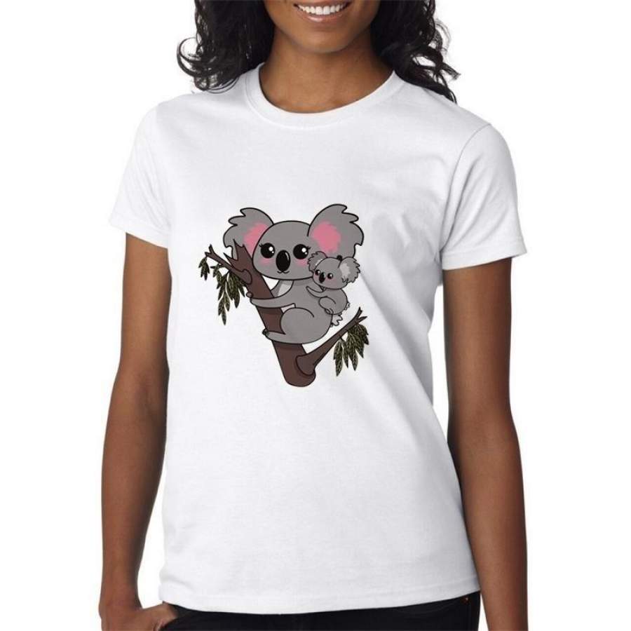 Summer Women’S Cartoon Koala Bear Print T-Shirt White Short Sleeve Casual Ladies Top