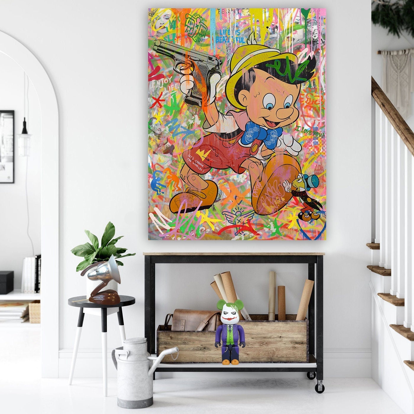 Pinocchio Canvas Wall Art, Cartoon Pinocchio Gangster Canvas Wall Art for Home Decor, Unique & Exclusive Pinocchio Pop Art, Pinocchio Print