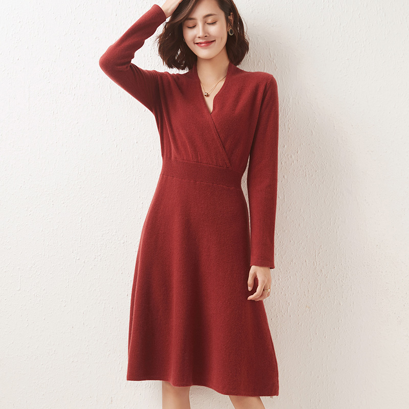 Autumn and winter women’s long 100% pure cardigan V-neck sweater dress knit plus size pullover cashmere bottoming waist dress alx