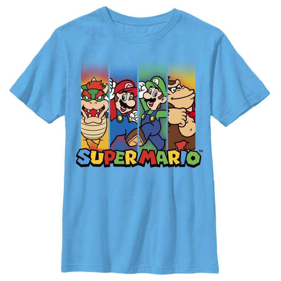 Nintendo Boy’s Super Mario Characters in Stripes T Shirt Turquoise